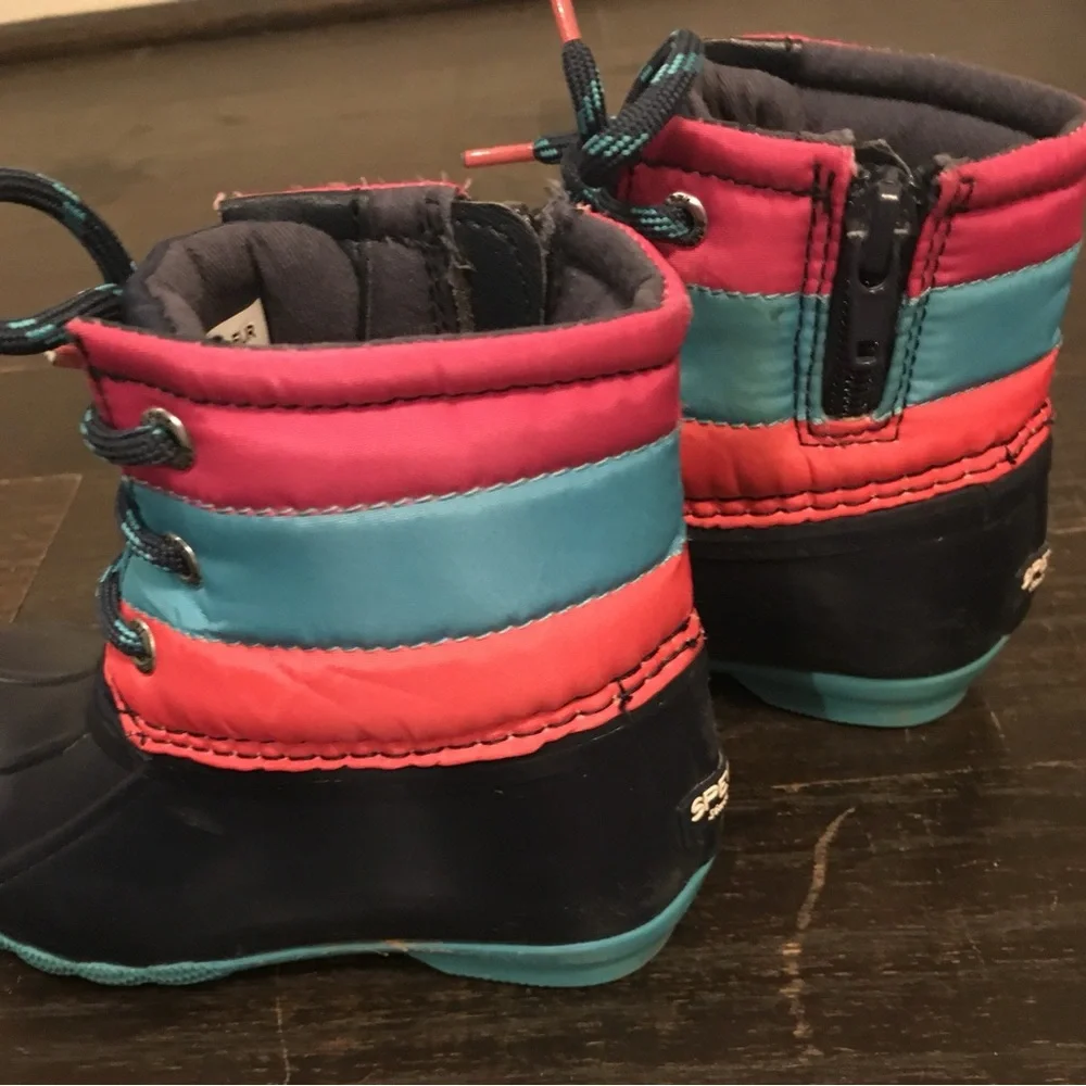 Sperry toddler girl Navy, Teal & Coral Cold Weather Duck Boots. Size- 9M